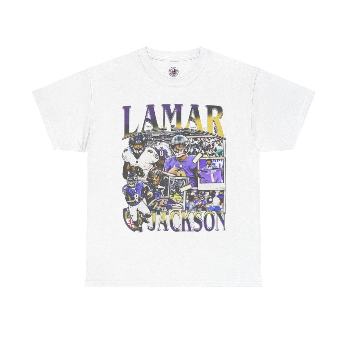 White T-shirt featuring various football scenes and the name 'Lamar Jackson' in large letters.